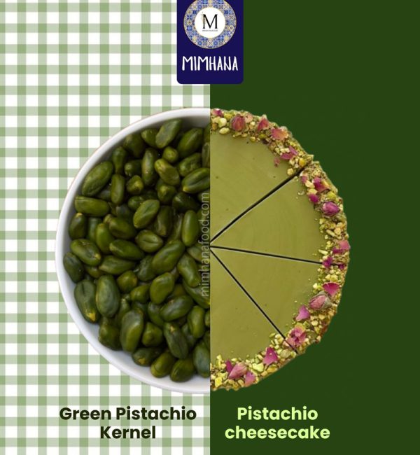 Green pistachio kernels used in pistachio cheesecake